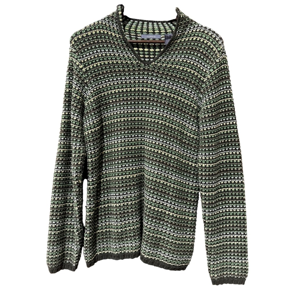 Liz Claiborne Sweater Womens Large Green Brown V Neck Chunky Knit Pullover Cozy